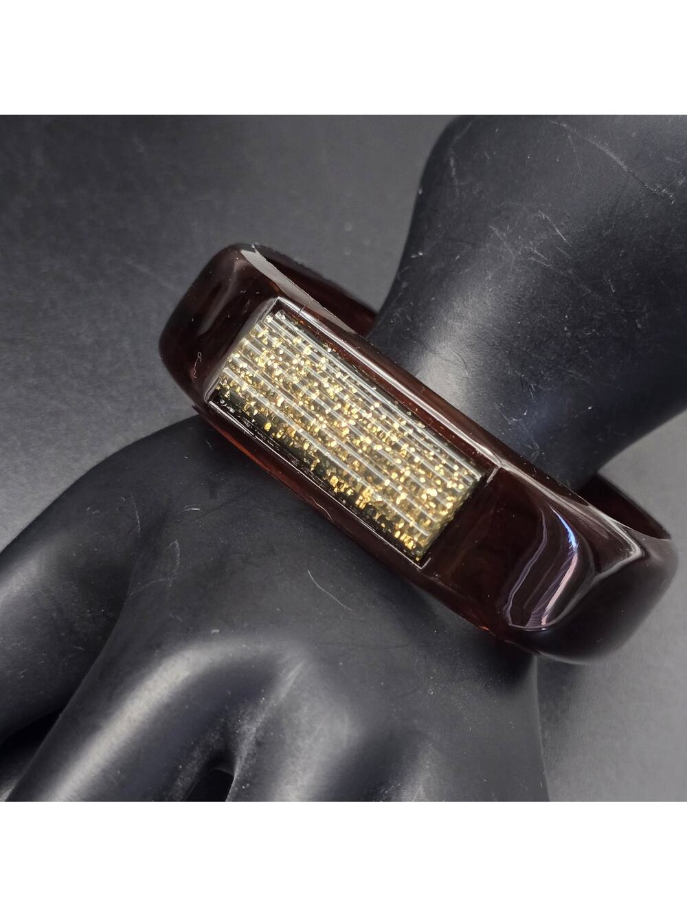 Brown Faux Tortoise Shell Bangle Bracelet with Gold Tone Glitter Accent Vintage